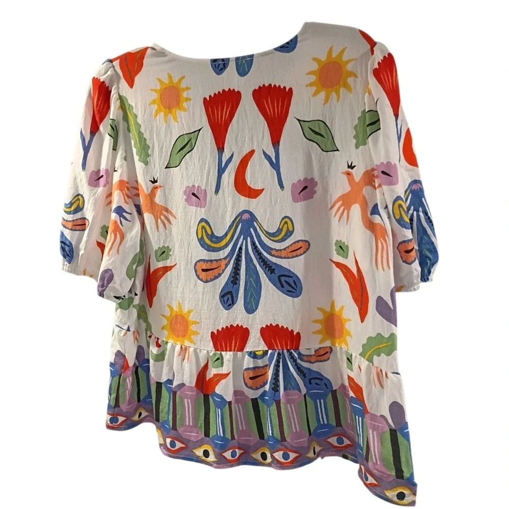 Cece Blouse Womens Size M Colorful Aztec Pattern VNeck Drawstring Summer Top EUC - Picture 3 of 8